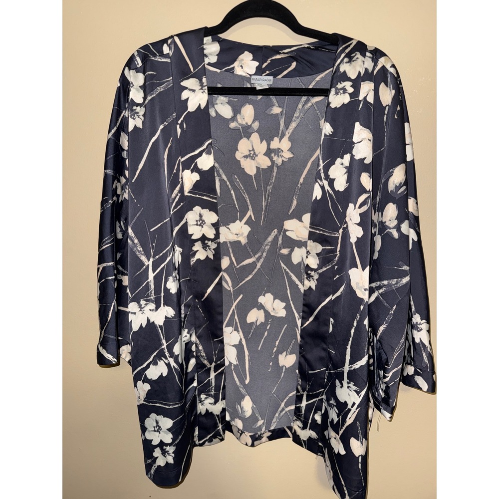Coastal Navy Blue Floral Kimono‎ Cardigan Open Front 3/4 Sleeve XL Women Chic